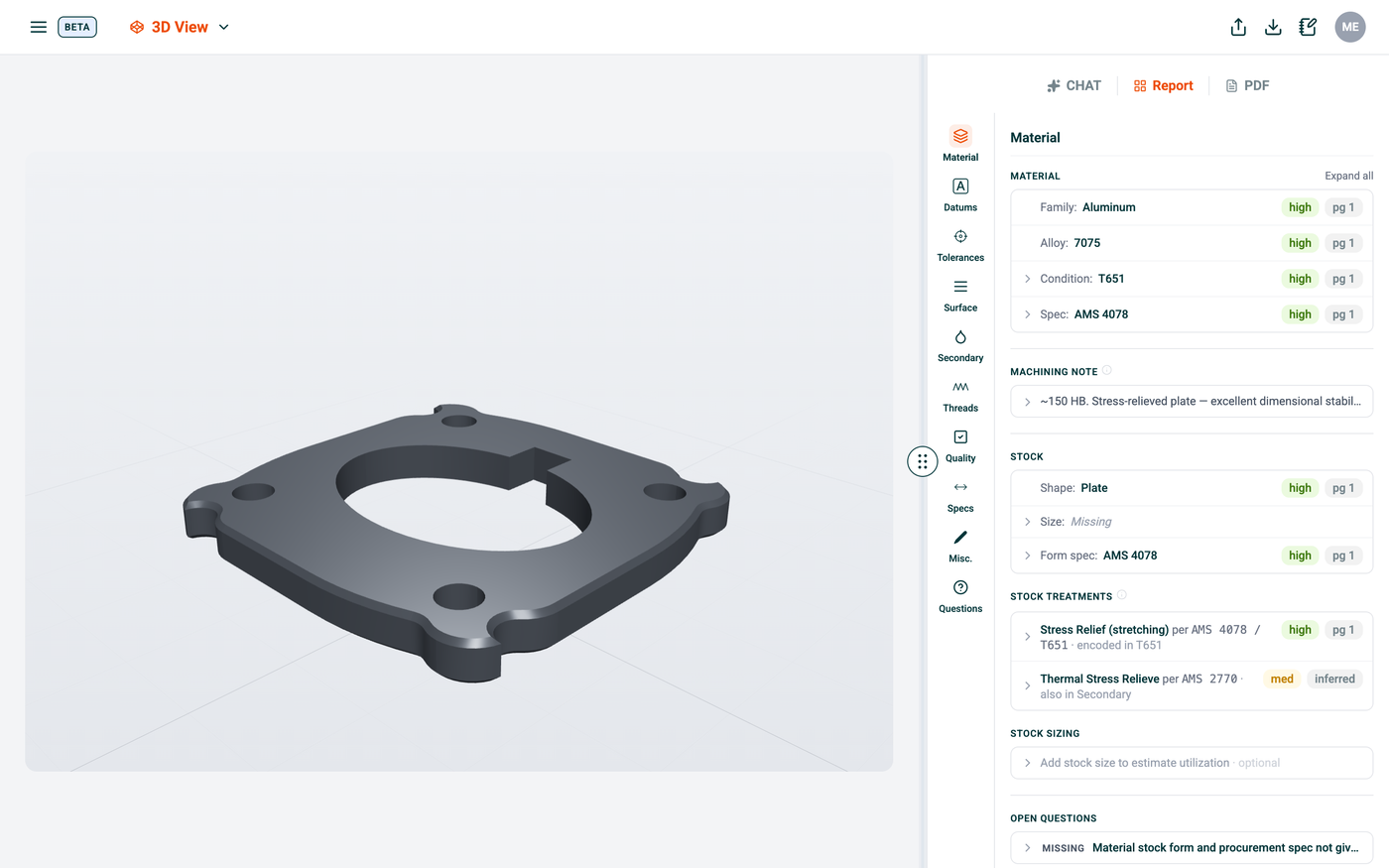 Re:CAM's 3D View: a STEP file of the part rendered in the built-in viewer, with the extraction report open beside it.
