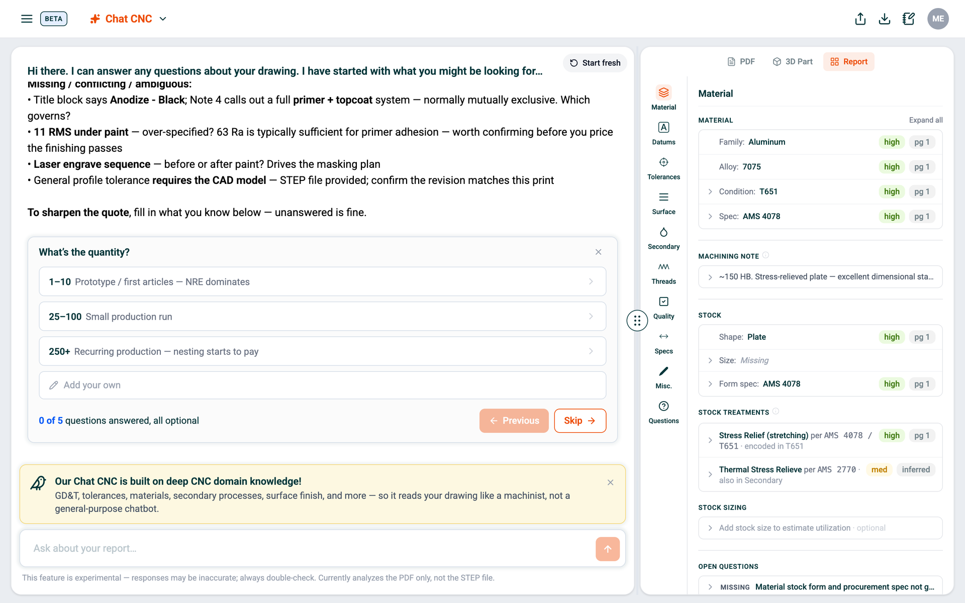 Chat CNC guiding a quote: flagged conflicts and ambiguities from the drawing, then a guided question card asking for the part quantity, with the extraction report tabs open beside the conversation.