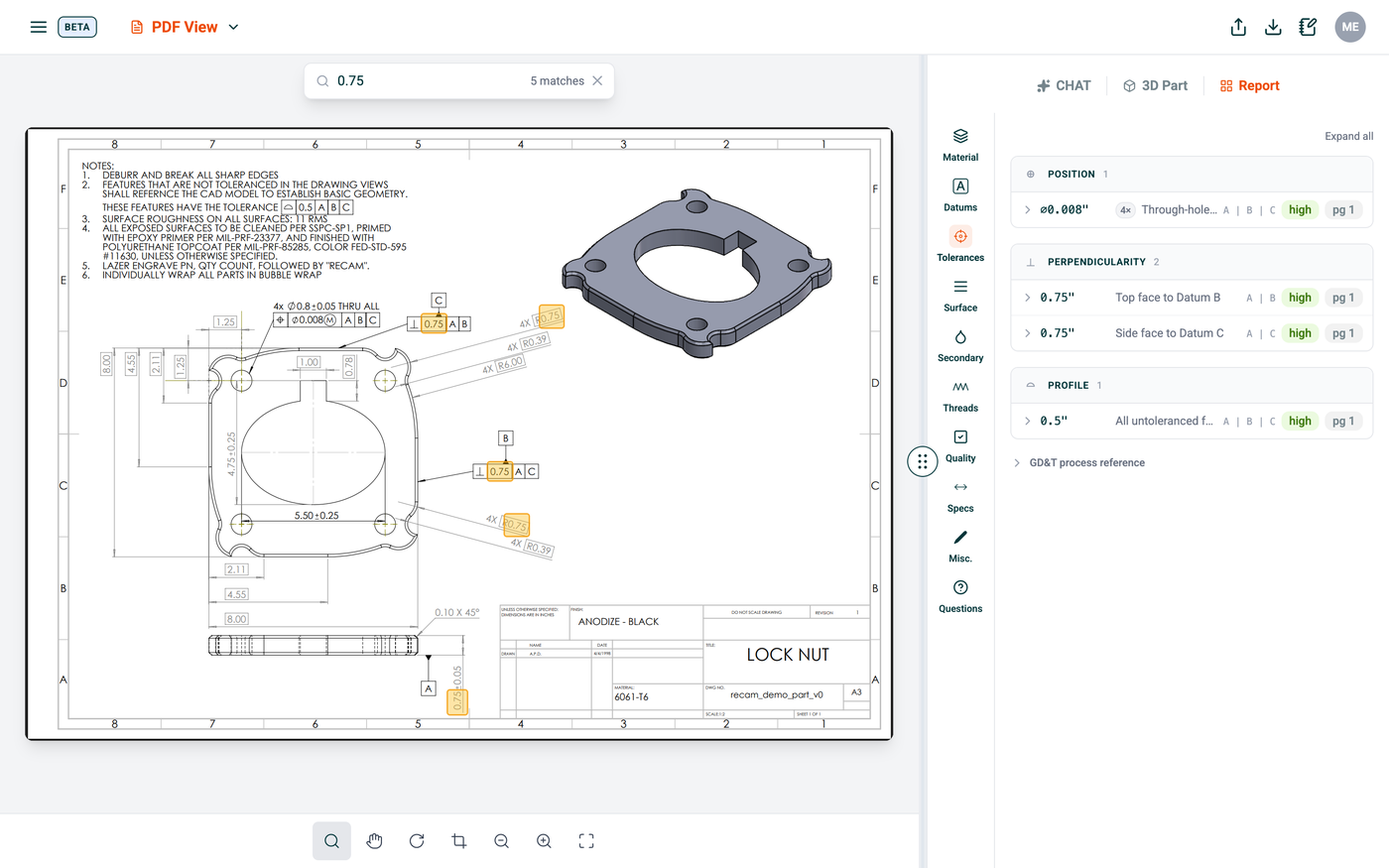 Re:CAM's PDF View: searching a CNC drawing highlights every matching callout on the print, with extracted tolerances shown in the report panel beside it.